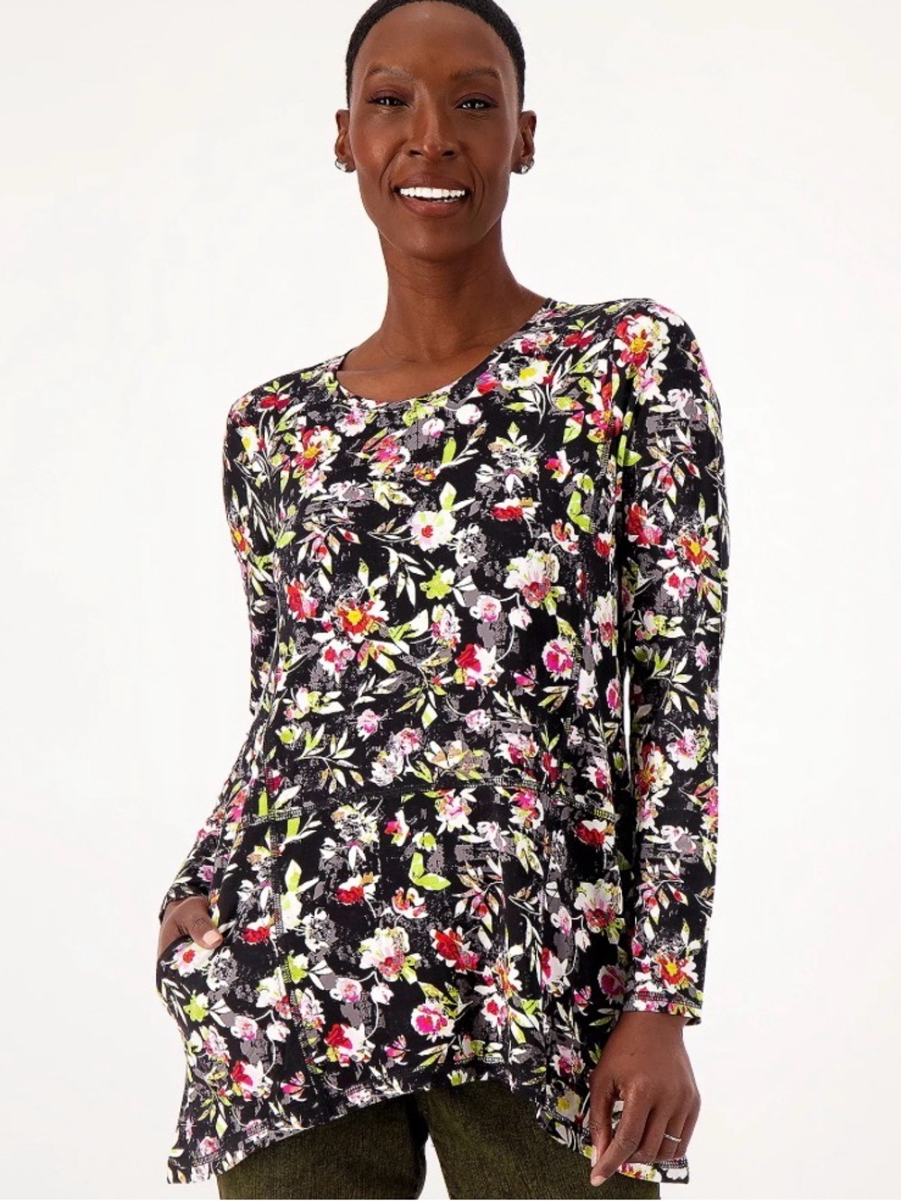 Logo by Lori Goldstein Printed Rayon 230 Top with Contrast Stitch in Black